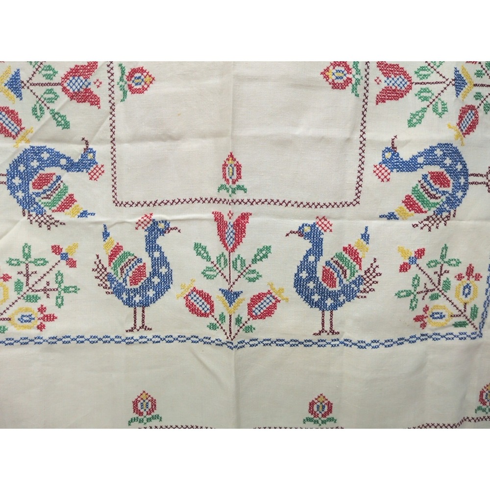 VTG Peacock Tablecloth 4x5 Embroidered Cross Stitch Cottagecore Grandmacore Bird